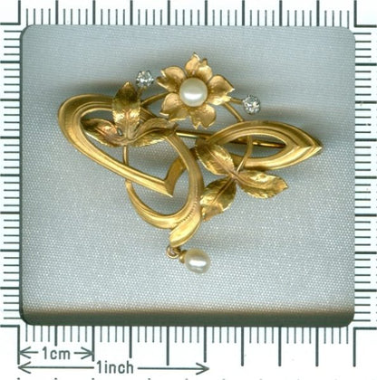 French Art Nouveau Gold Pendant Brooch With Diamonds and Pearls