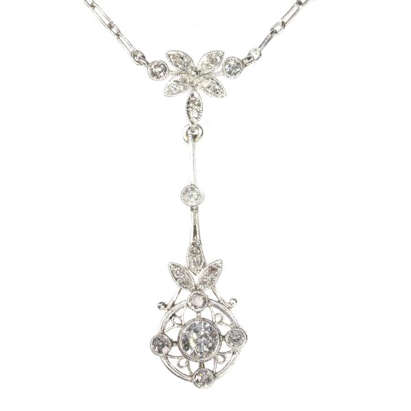 Art Deco Belle Epoque platinum diamond pendant on necklace