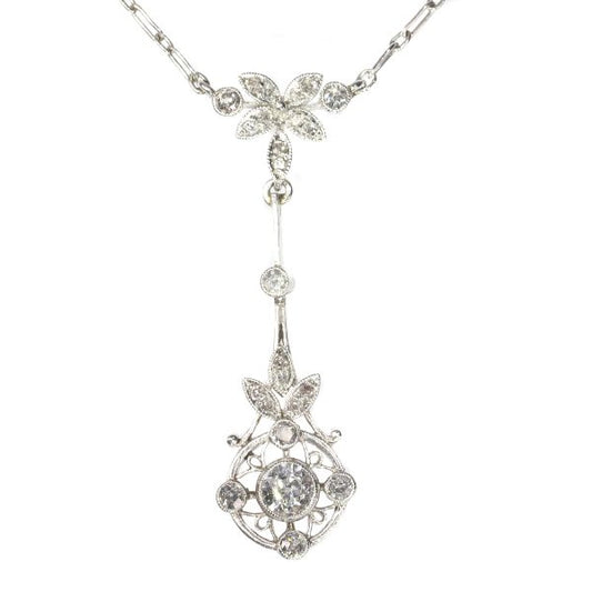 Art Deco Belle Epoque platinum diamond pendant on necklace