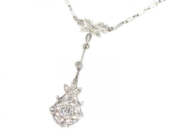 Art Deco Belle Epoque platinum diamond pendant on necklace