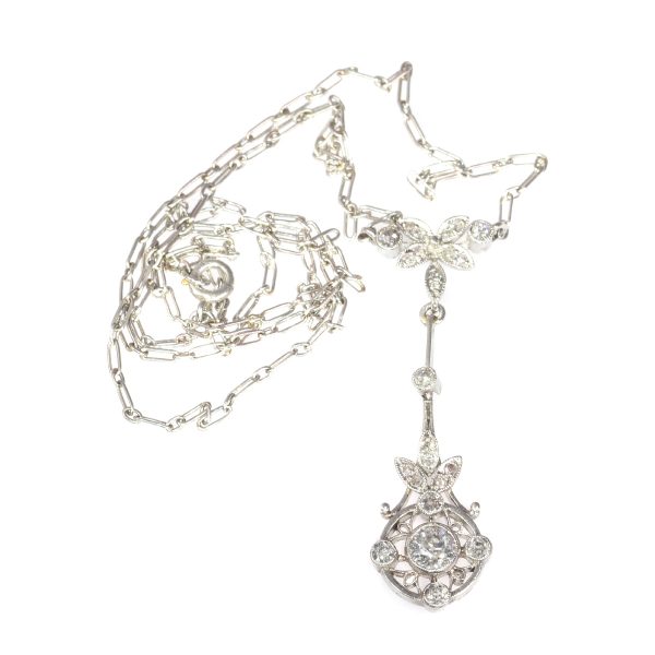 Art Deco Belle Epoque platinum diamond pendant on necklace