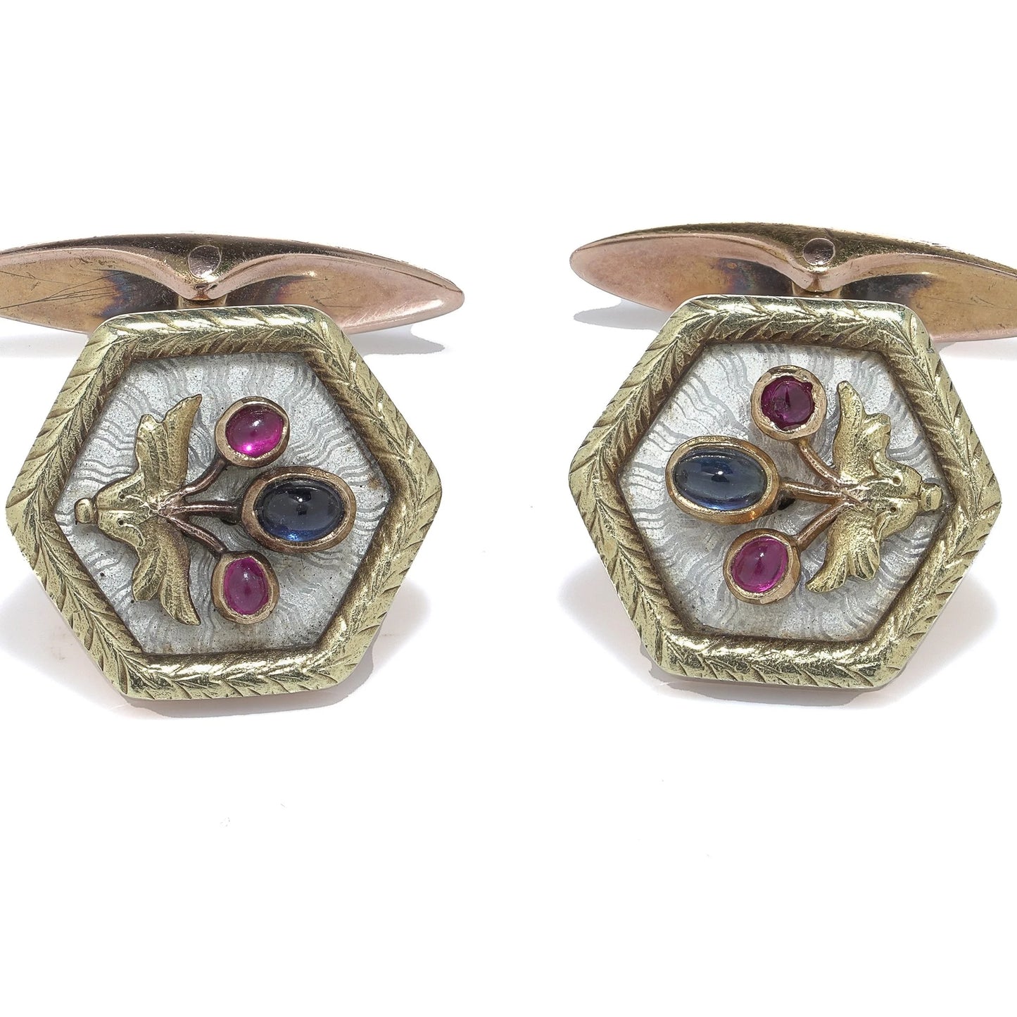 Russian Faberge Workmaster 14 Carat Gold Enamel and Gem-Set Cufflinks