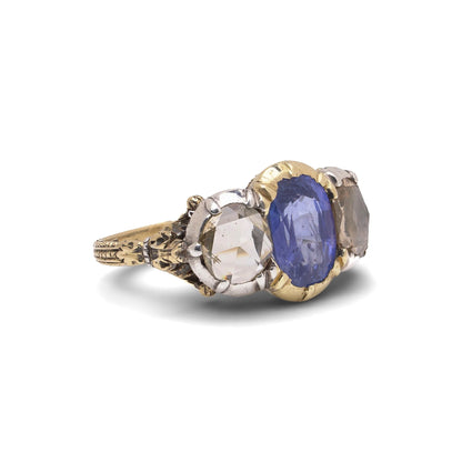 Antique Early Victorian 2 ct Ceylon Sapphire & Rose Cut Diamond Three-Stone Ring