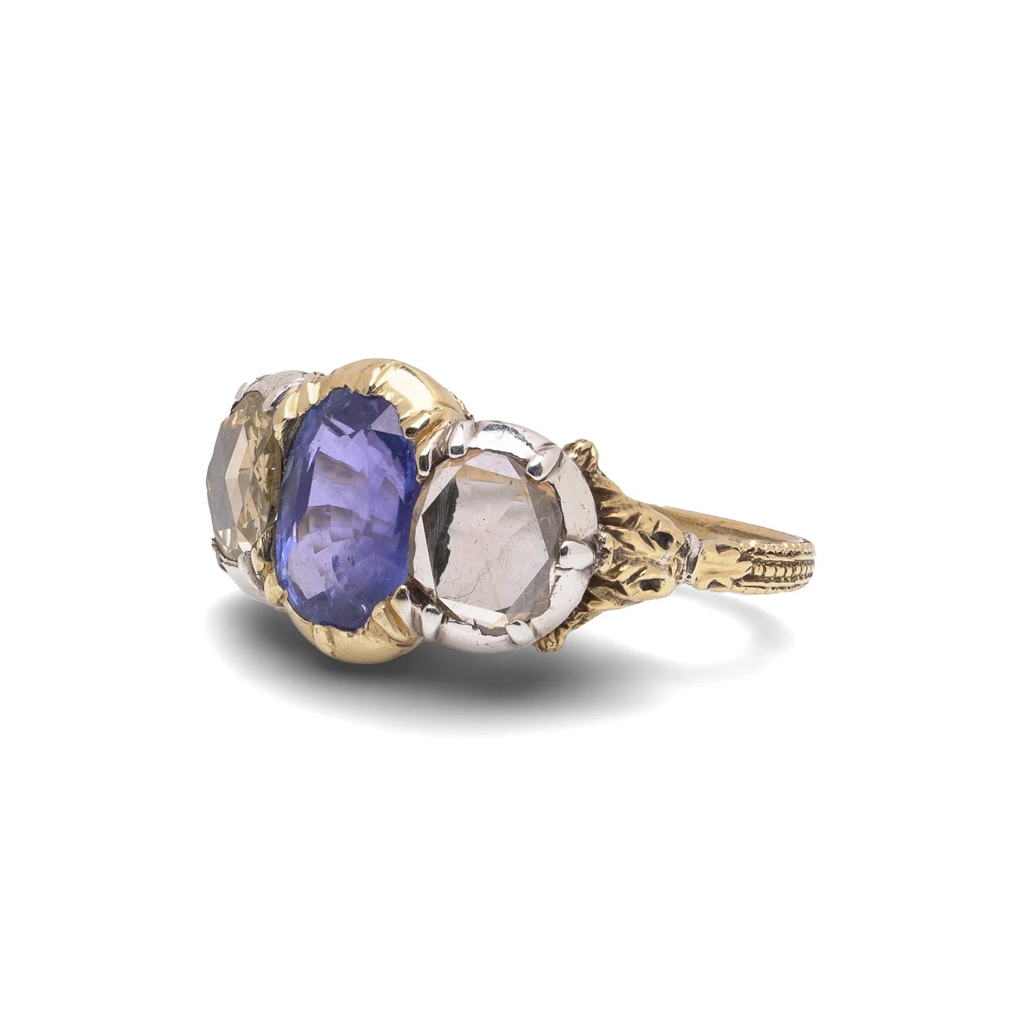 Antique Early Victorian 2 ct Ceylon Sapphire & Rose Cut Diamond Three-Stone Ring