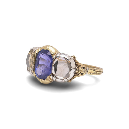 Antique Early Victorian 2 ct Ceylon Sapphire & Rose Cut Diamond Three-Stone Ring