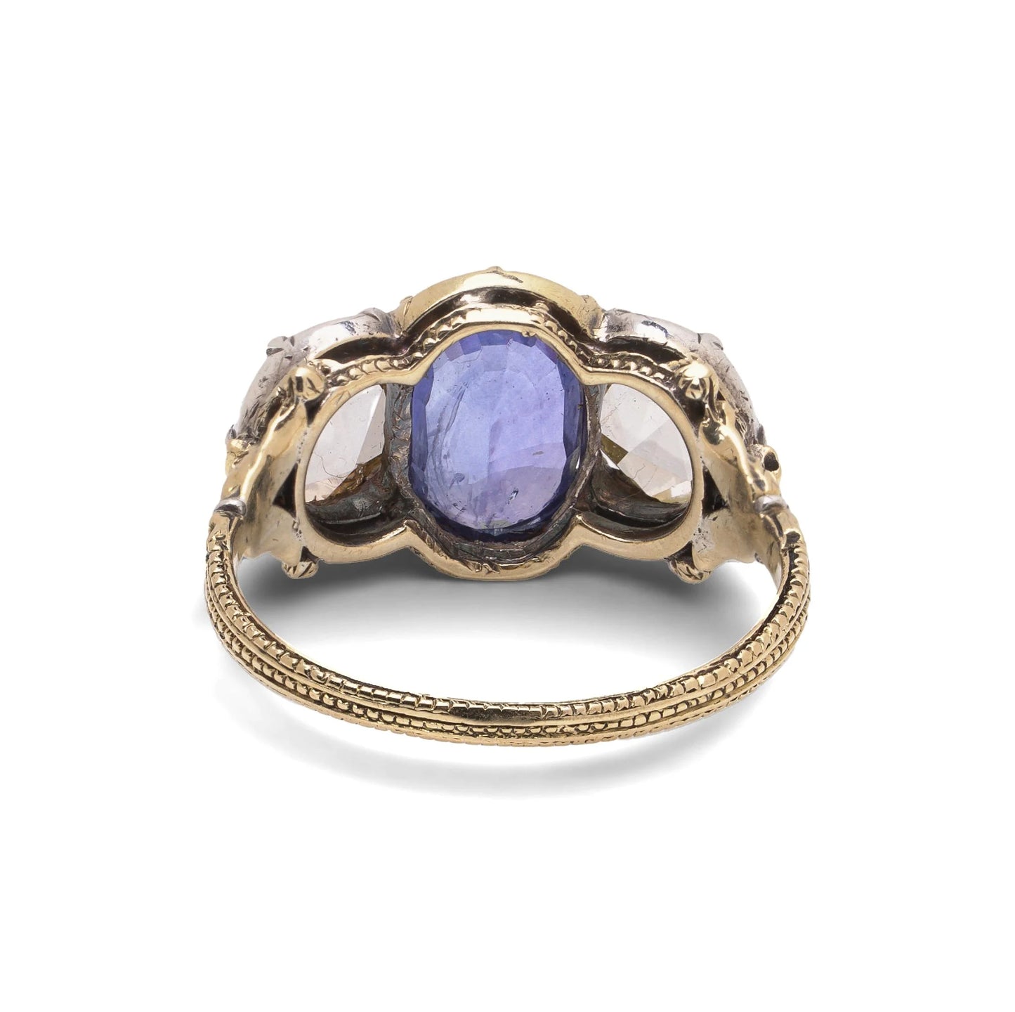 Antique Early Victorian 2 ct Ceylon Sapphire & Rose Cut Diamond Three-Stone Ring