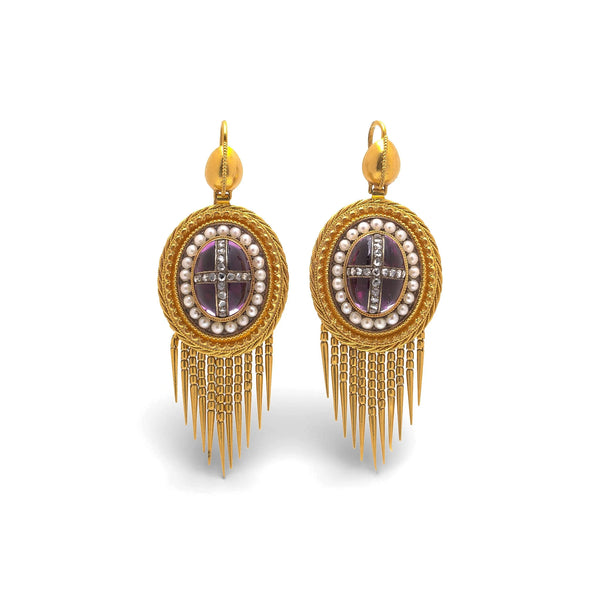 19th Century 21 Carat Gold Amethyst, Pearl And Diamond Earrings