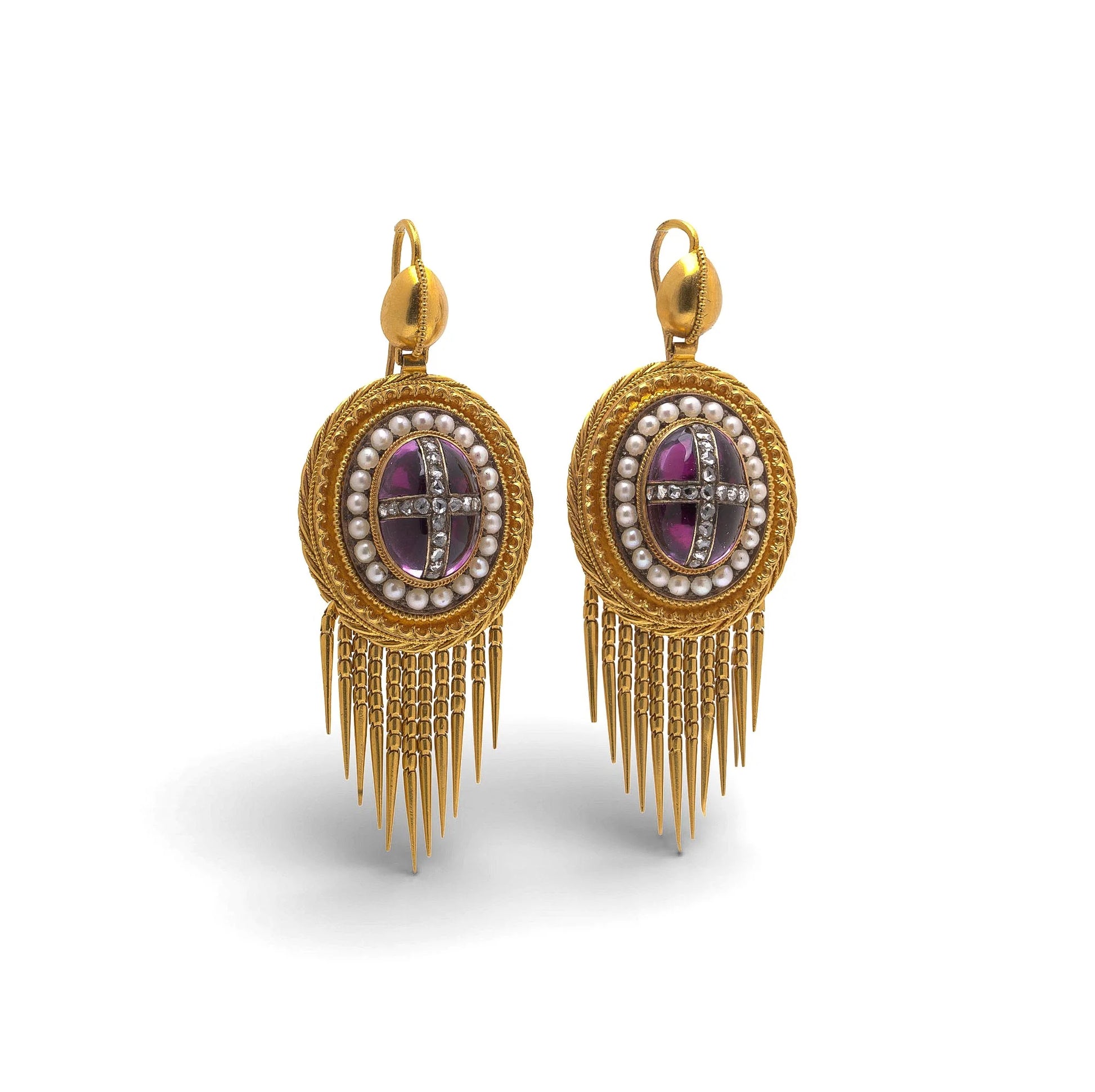 19th Century 21 Carat Gold Amethyst, Pearl And Diamond Earrings