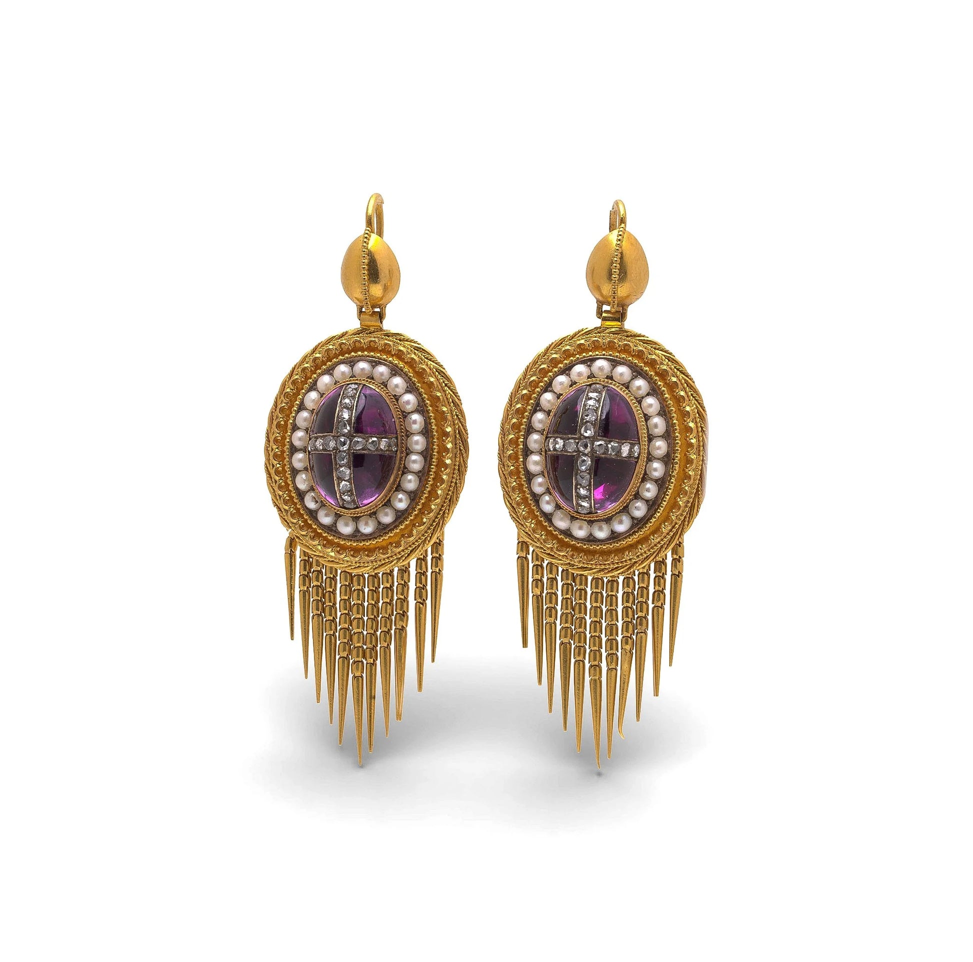 19th Century 21 Carat Gold Amethyst, Pearl And Diamond Earrings