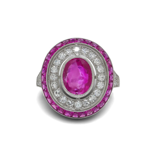 Platinum Ruby And Diamond Oval Cluster Ring