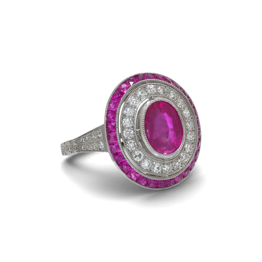 Platinum Ruby And Diamond Oval Cluster Ring