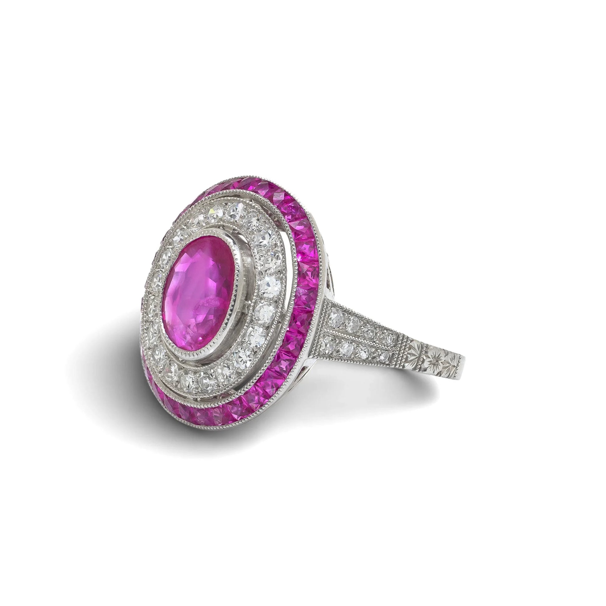 Platinum Ruby And Diamond Oval Cluster Ring