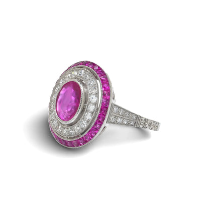 Platinum Ruby And Diamond Oval Cluster Ring