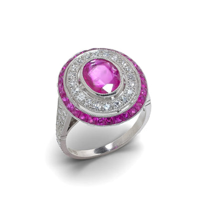 Platinum Ruby And Diamond Oval Cluster Ring