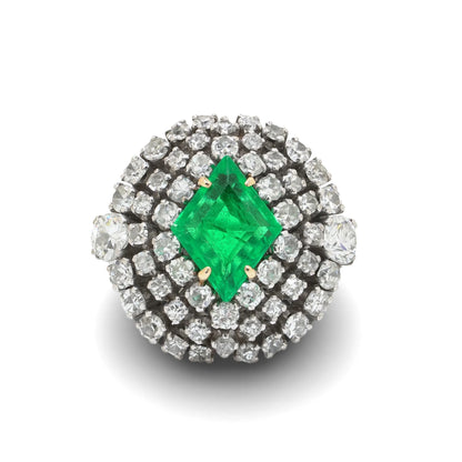 Vintage 1970's 14 Carat White Gold Emerald And Diamond Cluster Ring