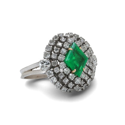 Vintage 1970's 14 Carat White Gold Emerald And Diamond Cluster Ring