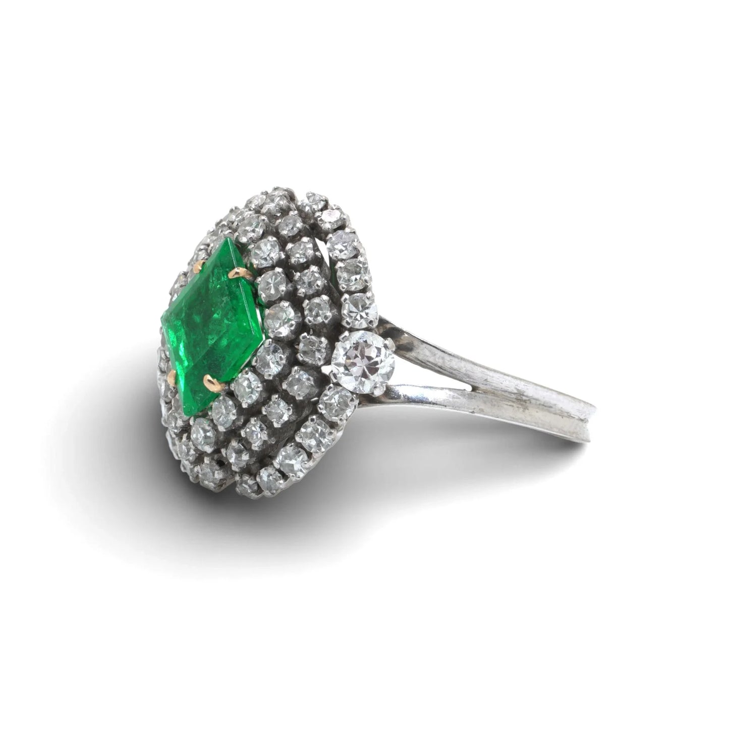 Vintage 1970's 14 Carat White Gold Emerald And Diamond Cluster Ring