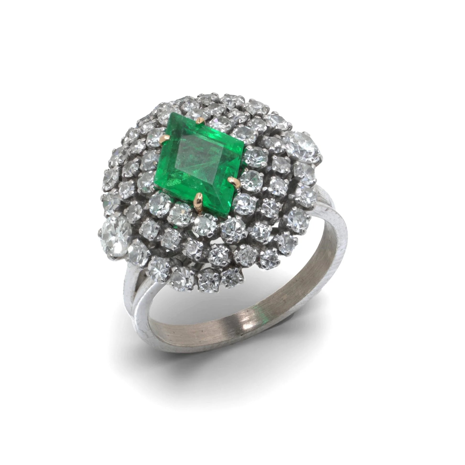 Vintage 1970's 14 Carat White Gold Emerald And Diamond Cluster Ring