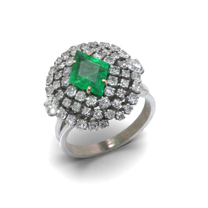 Vintage 1970's 14 Carat White Gold Emerald And Diamond Cluster Ring