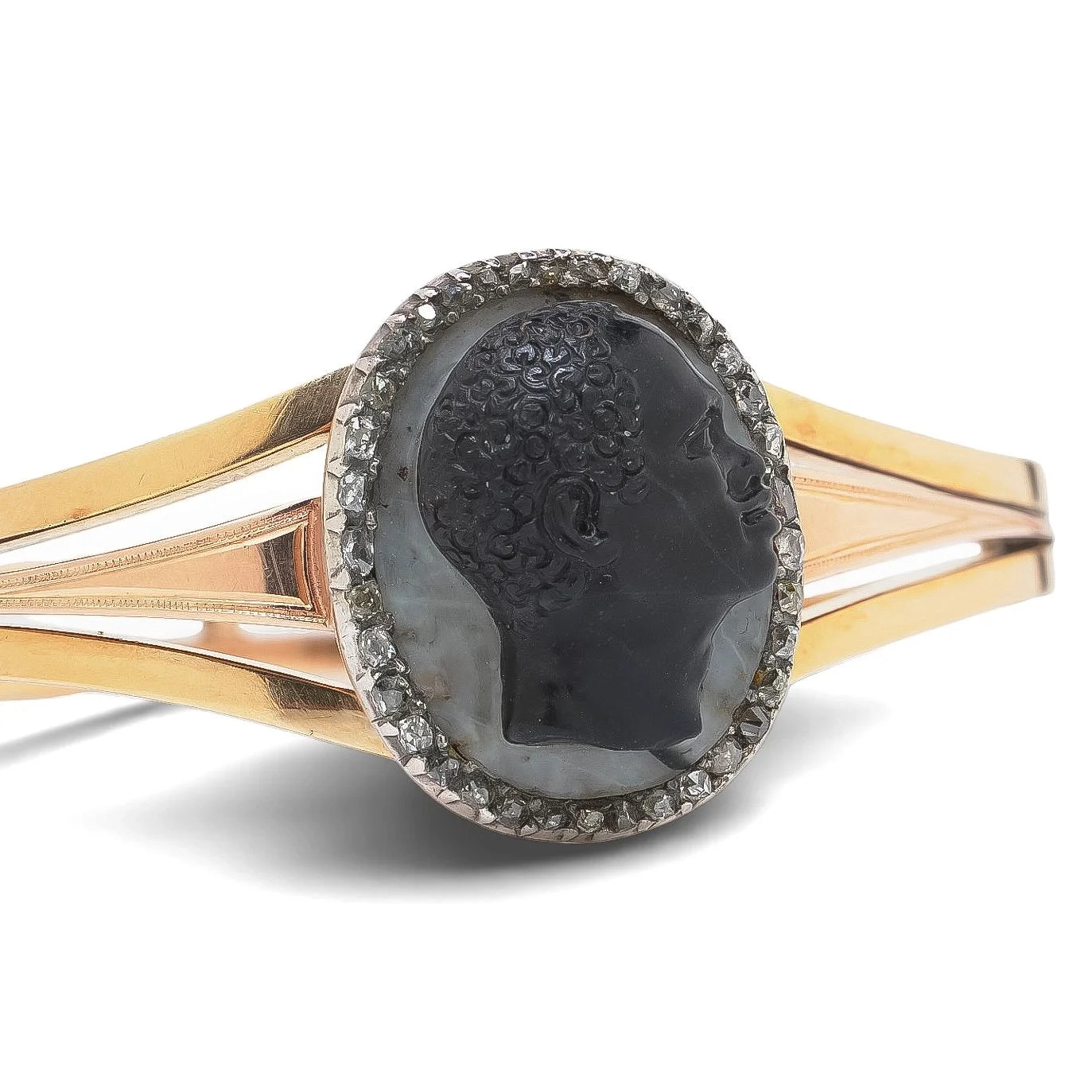 Victorian 18 Carat Gold Agate Cameo And Rose Cut Diamond Bangle Bracelet