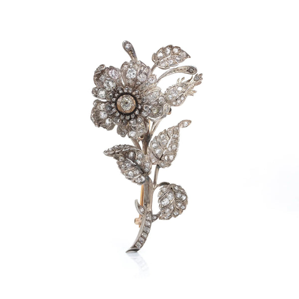 Victorian Gold And Silver Diamond En Tremblant Flower Brooch