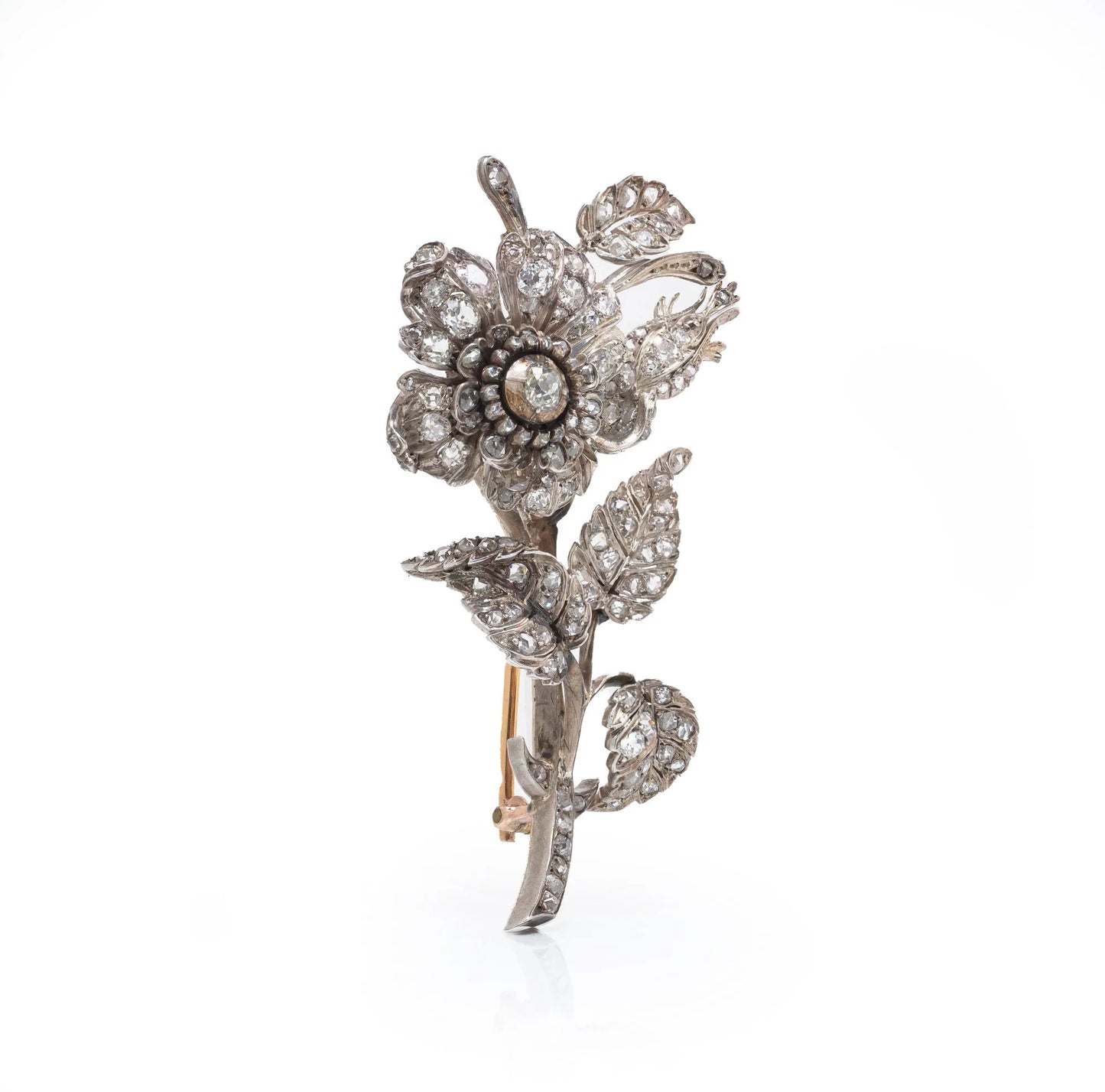 Victorian Gold And Silver Diamond En Tremblant Flower Brooch