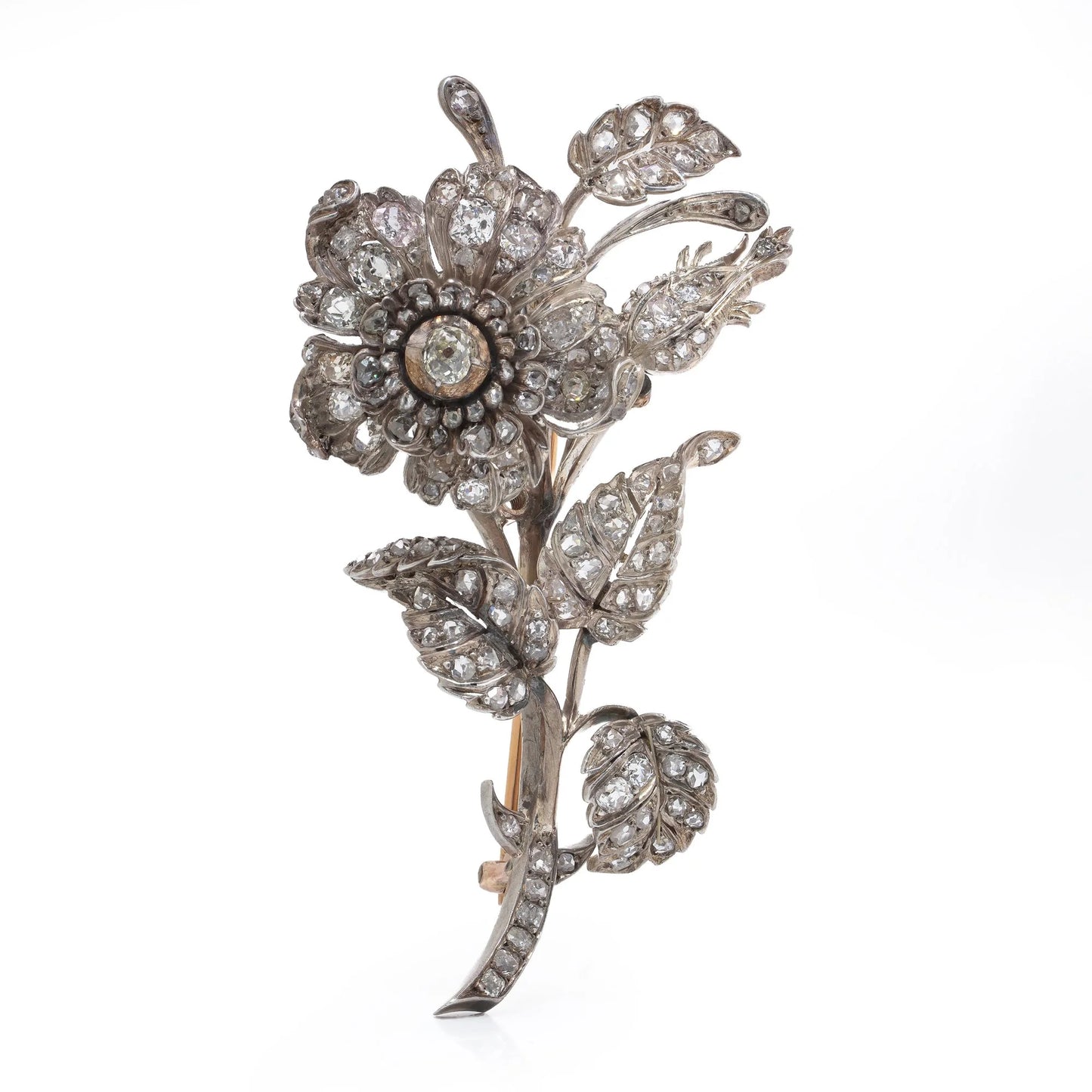 Victorian Gold And Silver Diamond En Tremblant Flower Brooch