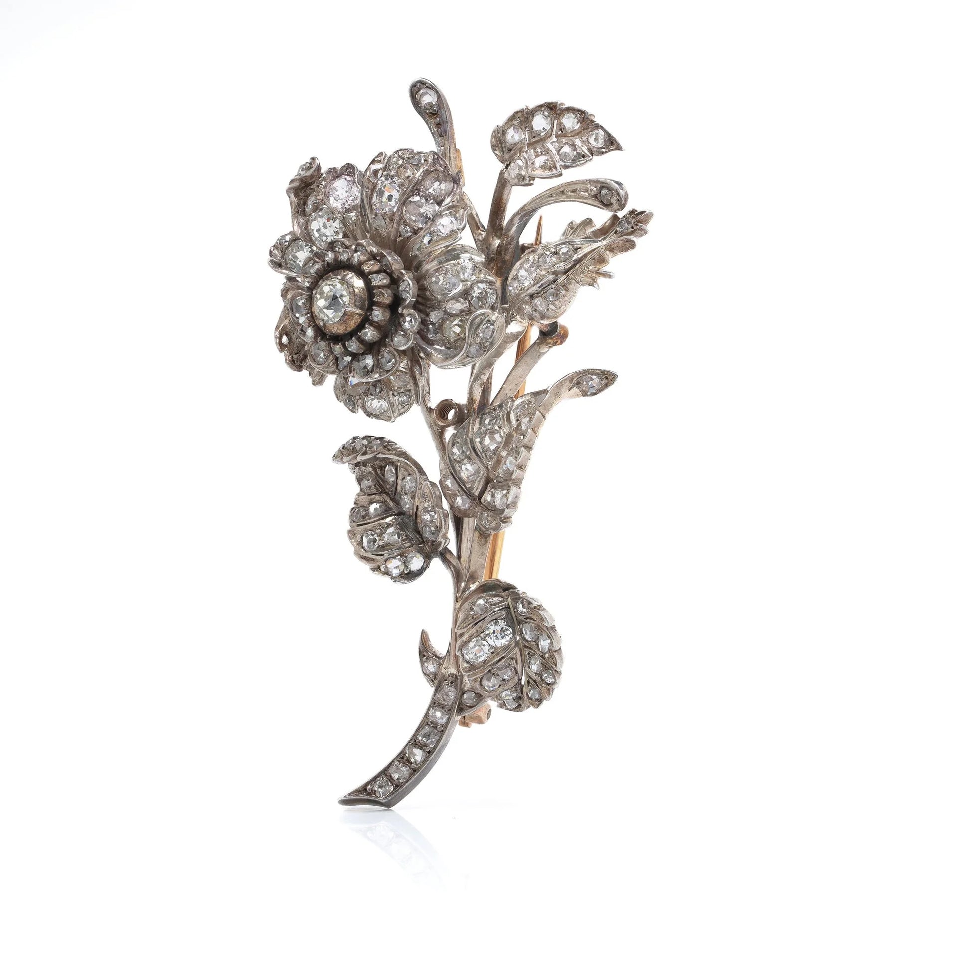 Victorian Gold And Silver Diamond En Tremblant Flower Brooch
