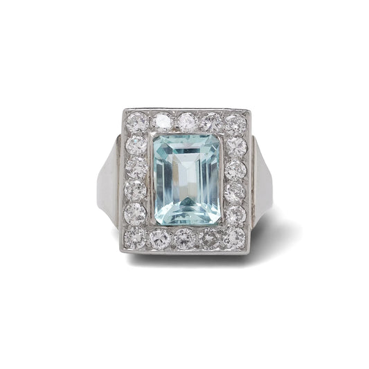 14 Carat White Gold Aquamarine And Diamond Cluster Ring