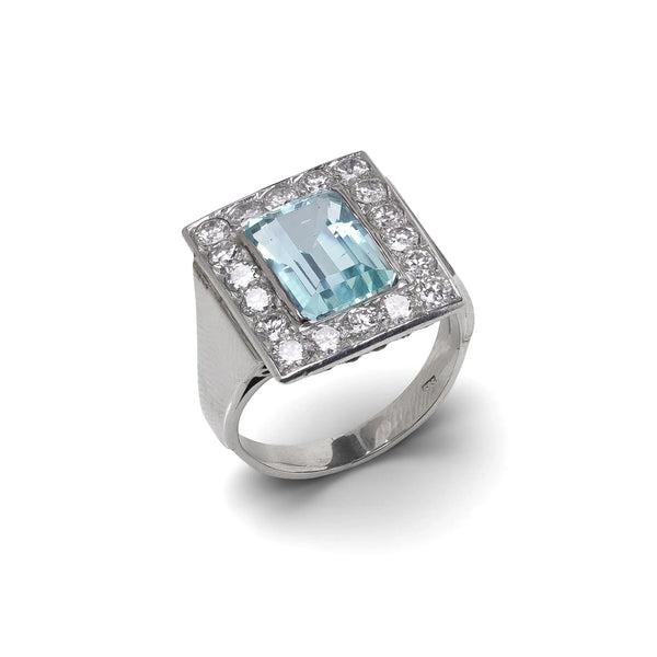 14 Carat White Gold Aquamarine And Diamond Cluster Ring
