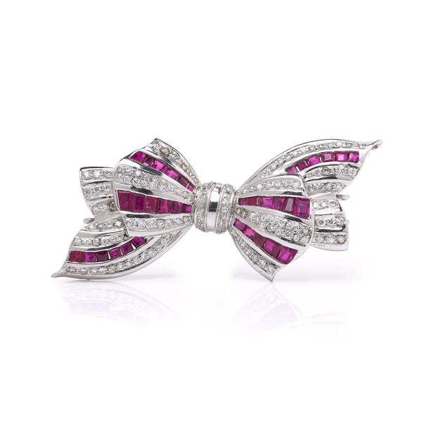 18 Carat White Gold Ruby And Diamond Bow Brooch