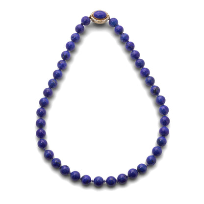 Vintage Lapis Lazuli Bead Necklace With Diamond Set 14 Carat Gold Clasp
