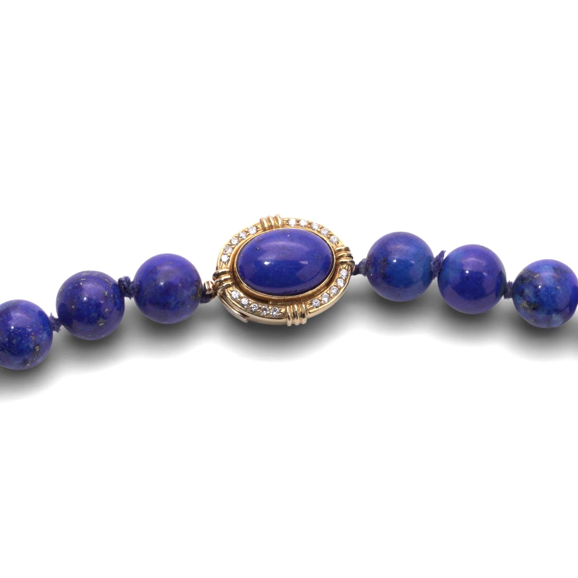 Vintage Lapis Lazuli Bead Necklace With Diamond Set 14 Carat Gold Clasp