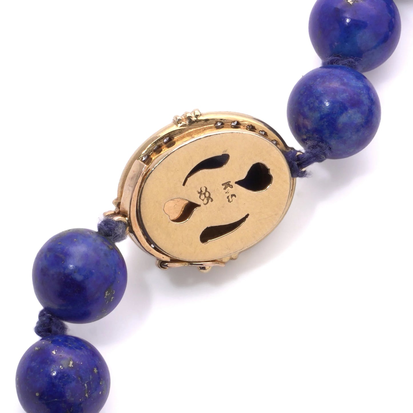 Vintage Lapis Lazuli Bead Necklace With Diamond Set 14 Carat Gold Clasp