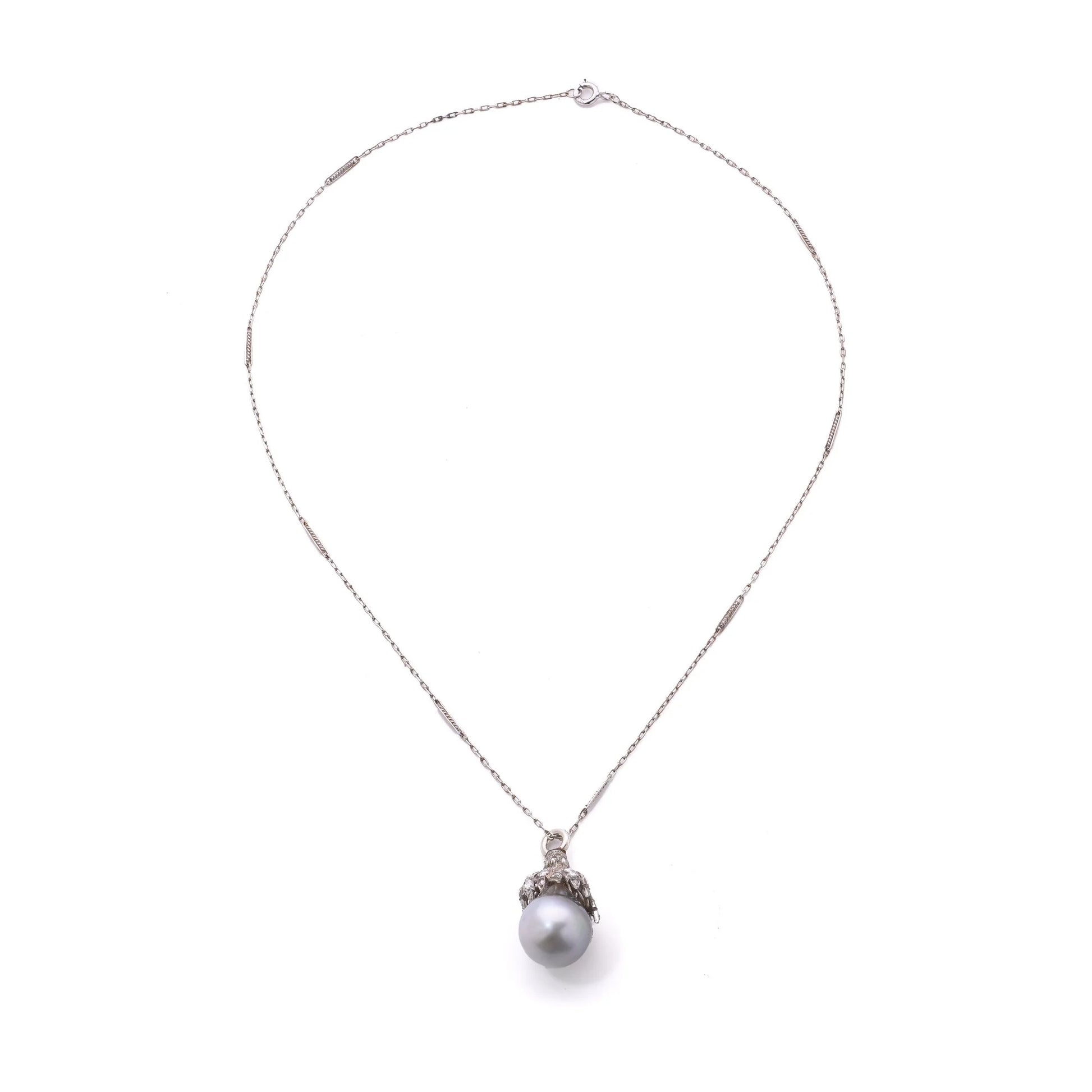 Edwardian Platinum Tahitian Pearl And Diamond Drop Necklace