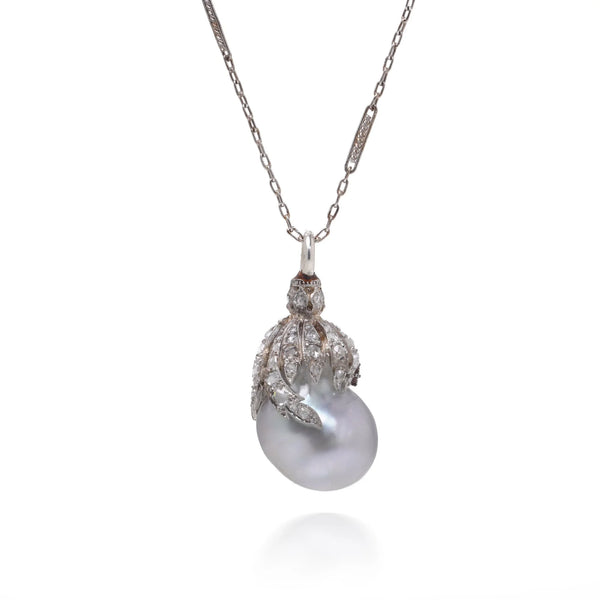 Edwardian Platinum Tahitian Pearl And Diamond Drop Necklace
