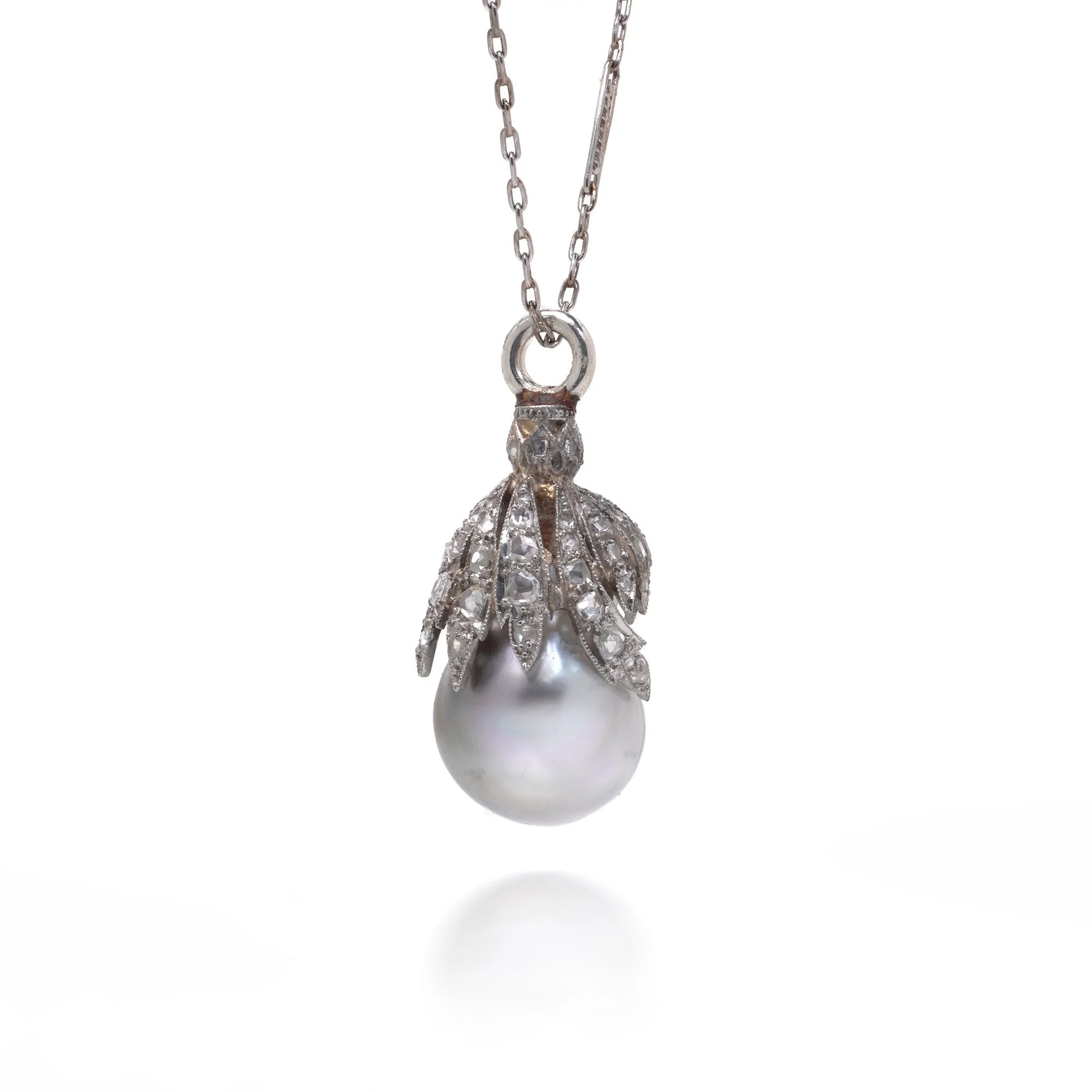 Edwardian Platinum Tahitian Pearl And Diamond Drop Necklace