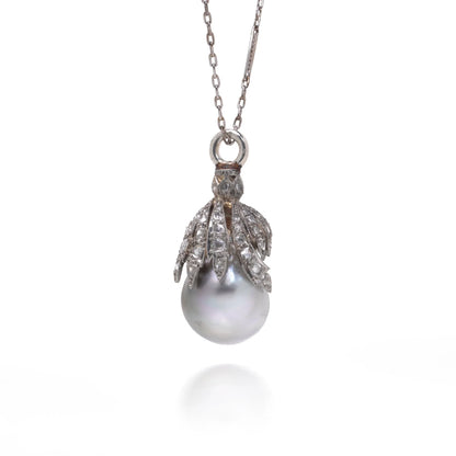 Edwardian Platinum Tahitian Pearl And Diamond Drop Necklace