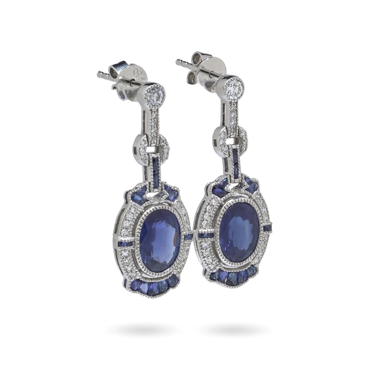 Vintage Platinum Sapphire and Diamond Drop Earrings, 2.92 cts