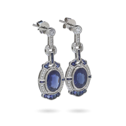 Vintage Platinum Sapphire and Diamond Drop Earrings, 2.92 cts