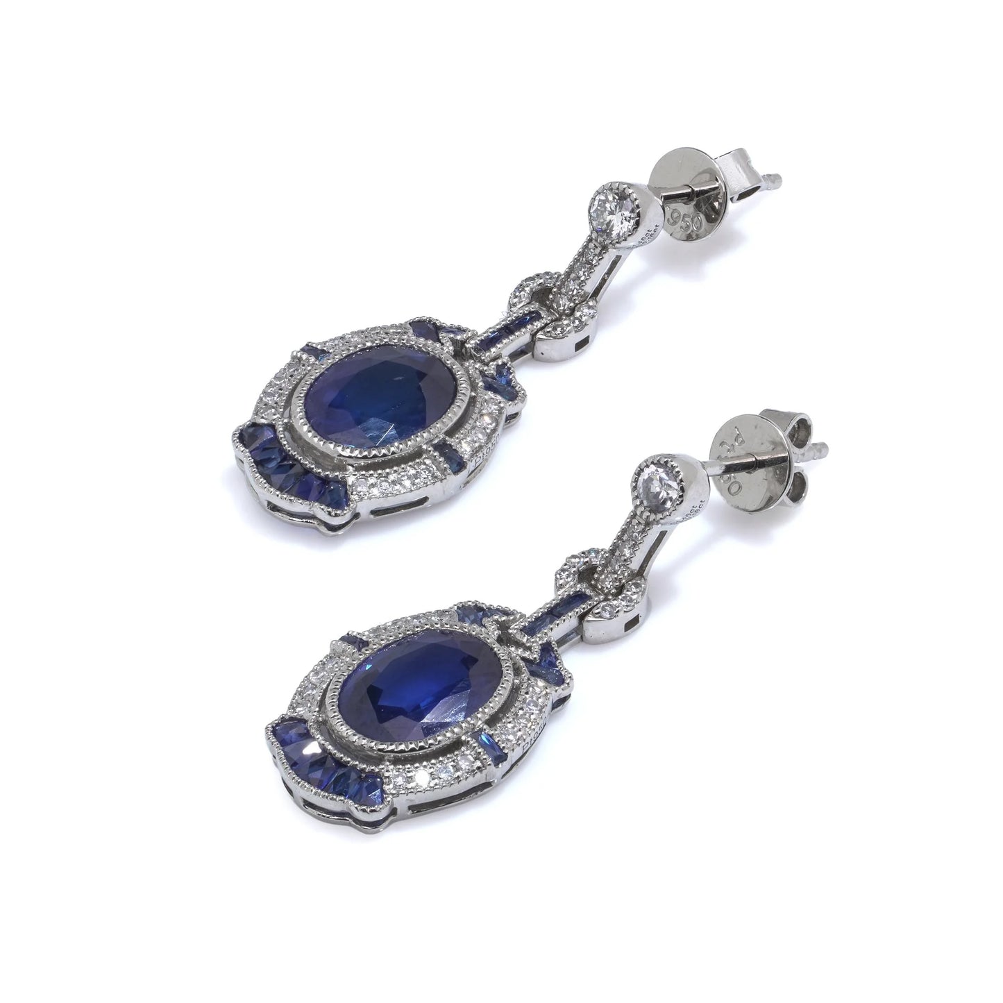Vintage Platinum Sapphire and Diamond Drop Earrings, 2.92 cts
