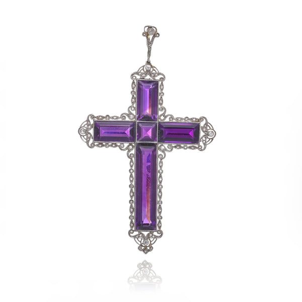 Edwardian 18 Carat Gold and Silver Amethyst Cross Pendant