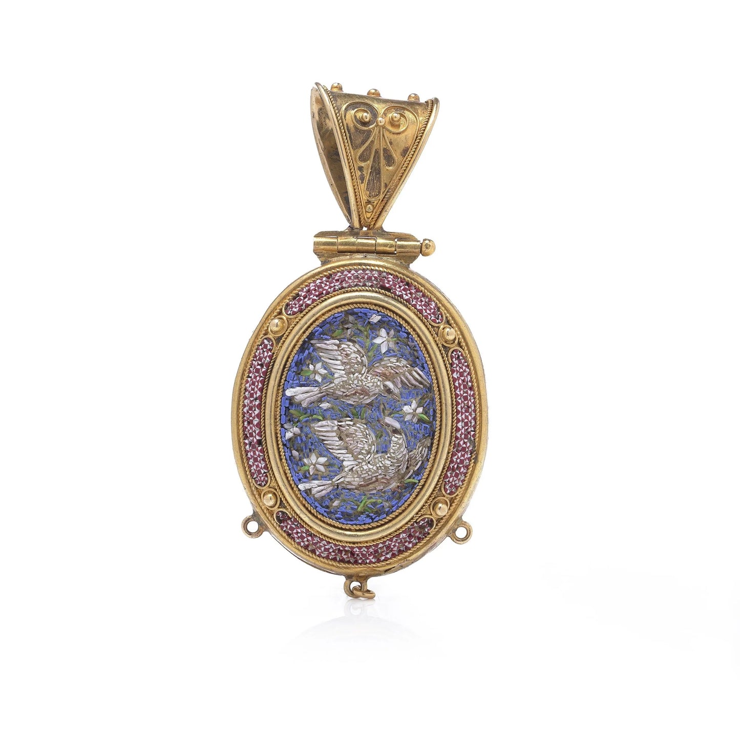 Italian 21 Carat Gold Micro Mosaic Dove Locket, 19th Century