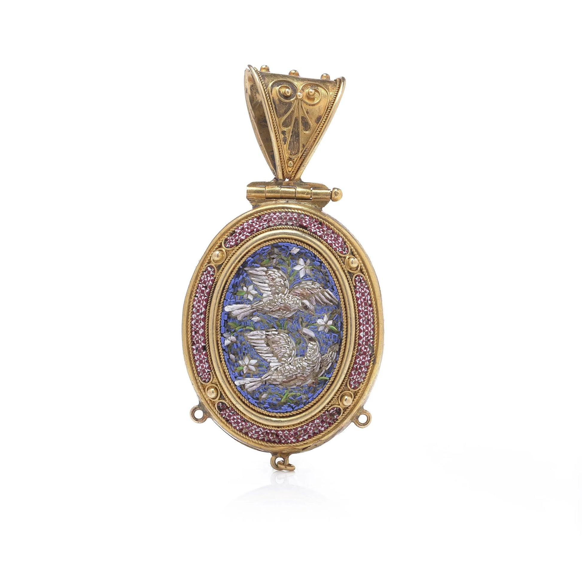 Italian 21 Carat Gold Micro Mosaic Dove Locket, 19th Century