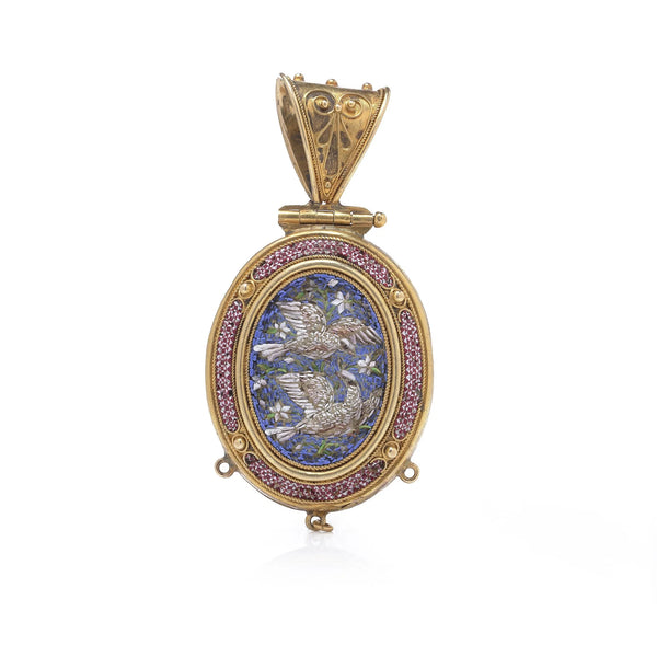 Italian 21 Carat Gold Micro Mosaic Dove Locket, 19th Century