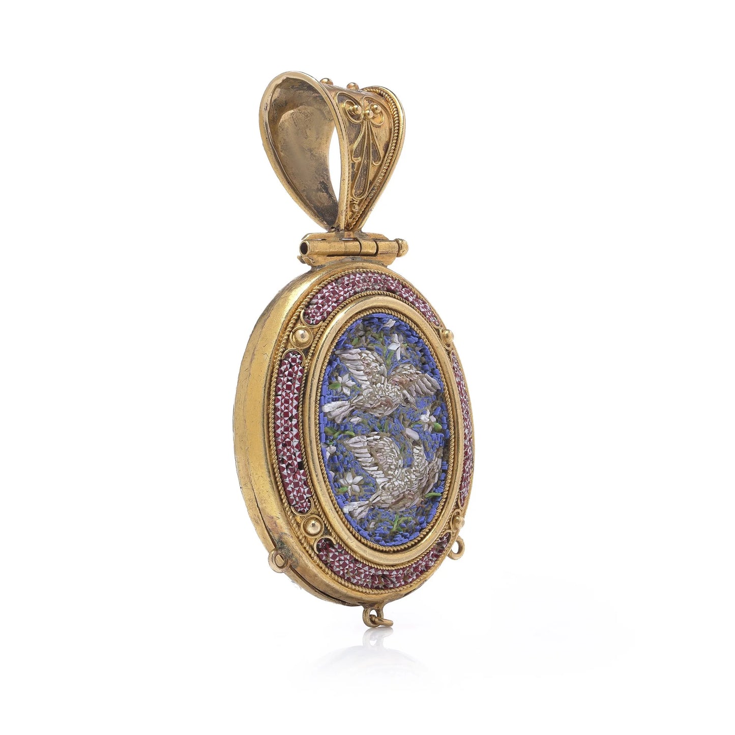 Italian 21 Carat Gold Micro Mosaic Dove Locket, 19th Century