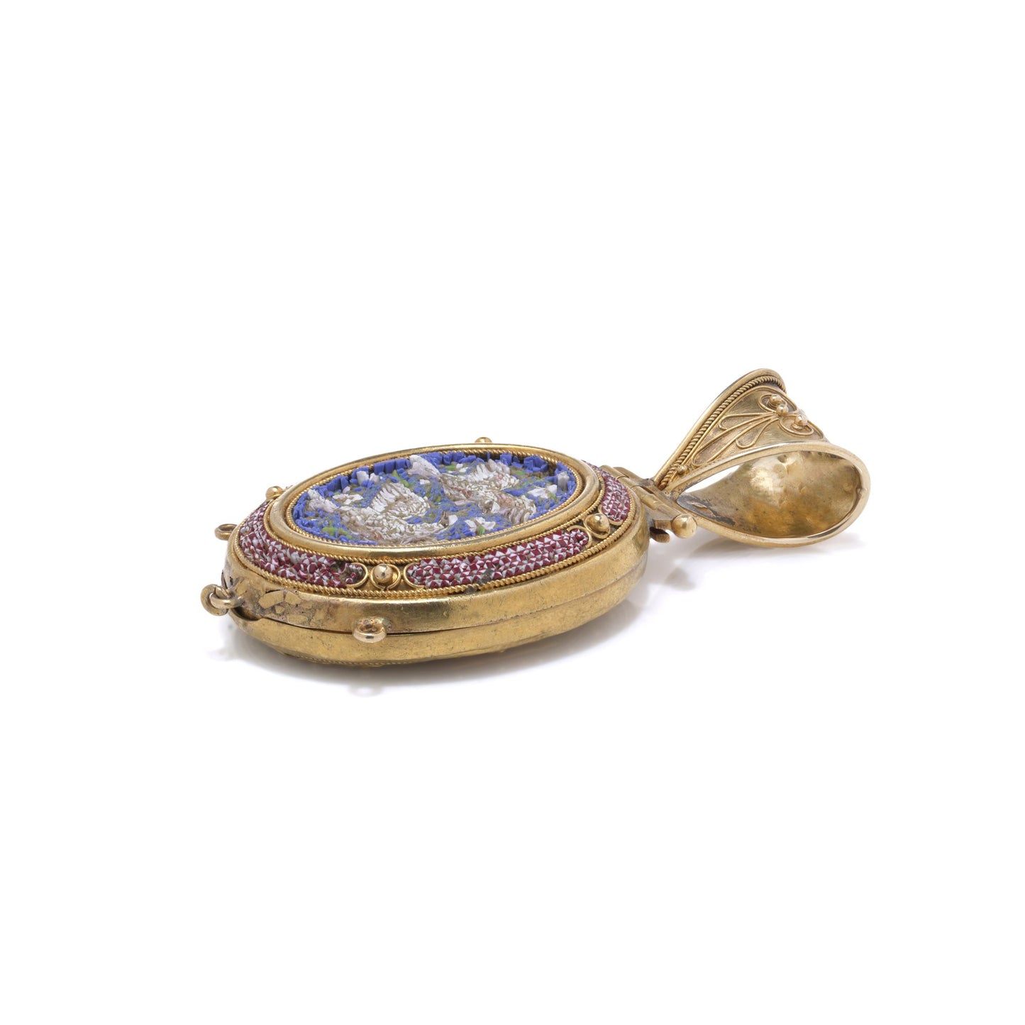 Italian 21 Carat Gold Micro Mosaic Dove Locket, 19th Century