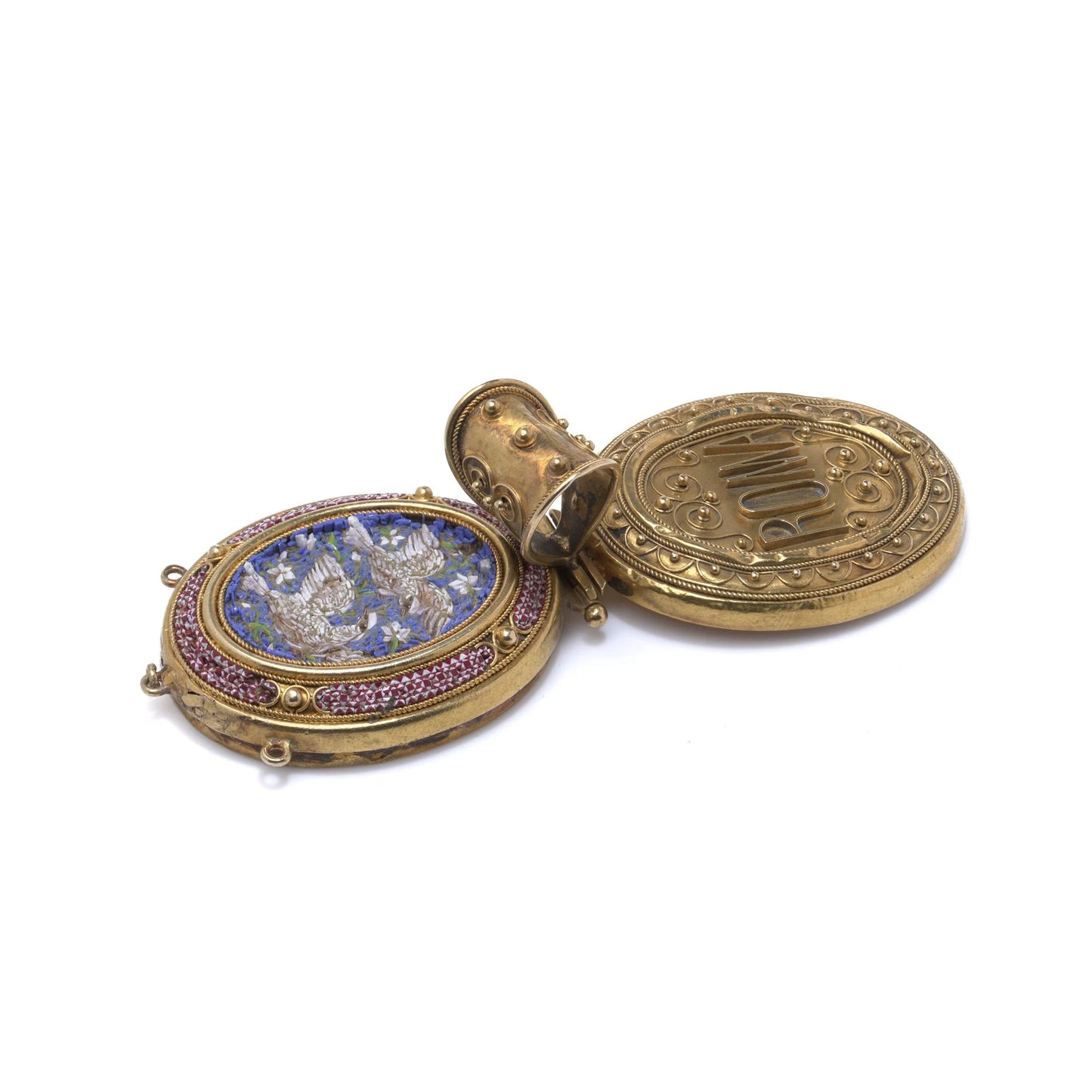 Italian 21 Carat Gold Micro Mosaic Dove Locket, 19th Century