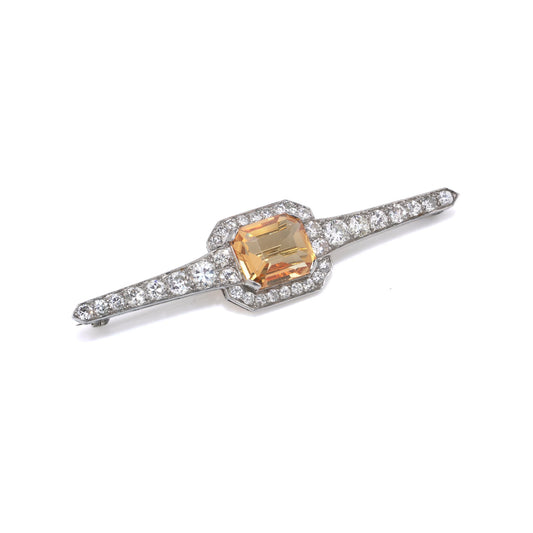 Vintage 1970's 18 Carat White Gold Topaz And Diamond Bar Brooch