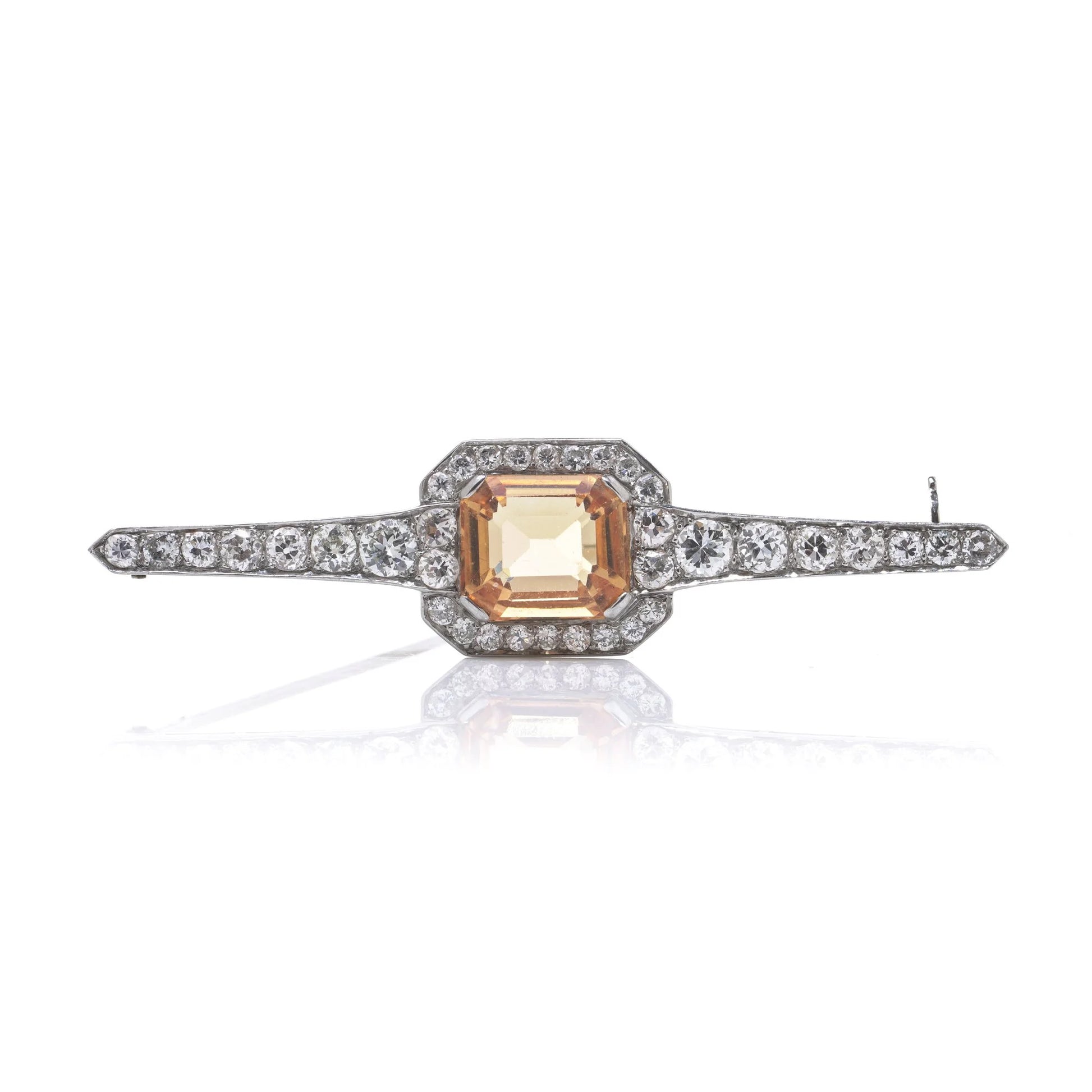 Vintage 1970's 18 Carat White Gold Topaz And Diamond Bar Brooch